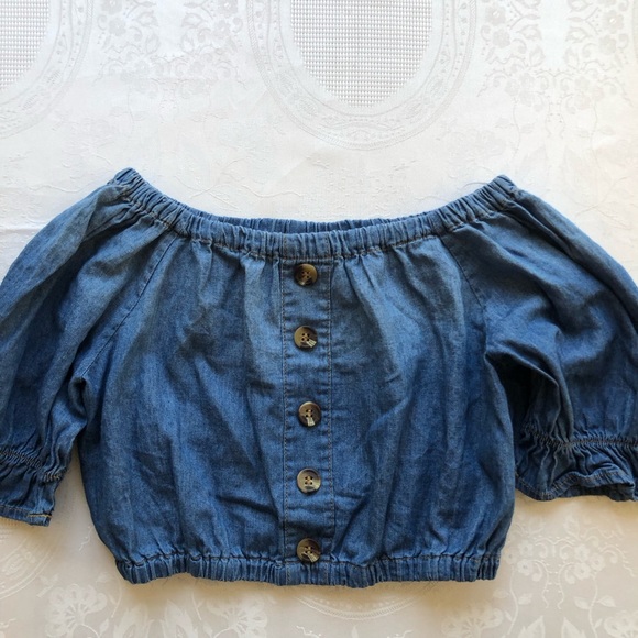 Knit Works Denim Off The Shoulder Cropped Top Girls Size S (7-8) Short Sleeves - Picture 1 of 16